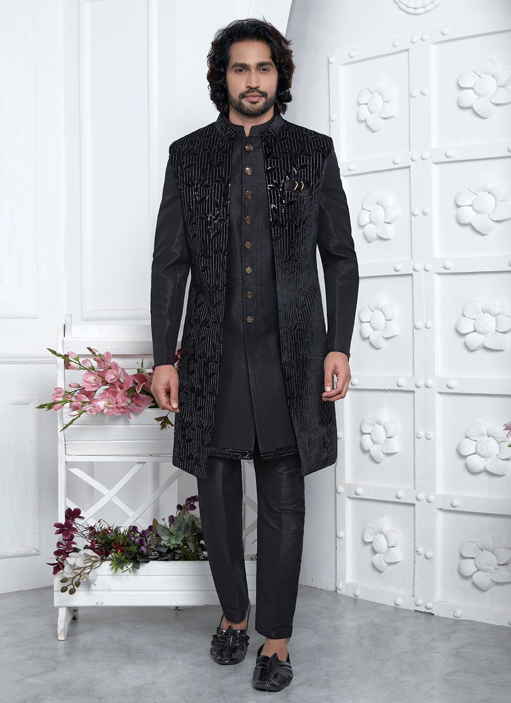 Machine Embroidery Silk, Velvet Black Sherwani - M8245