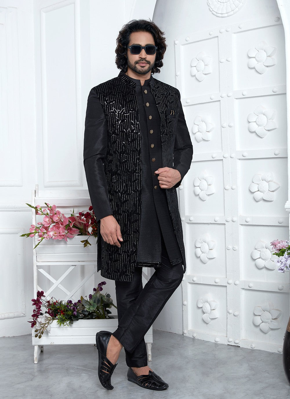 Machine Embroidery Silk, Velvet Black Sherwani - M8245