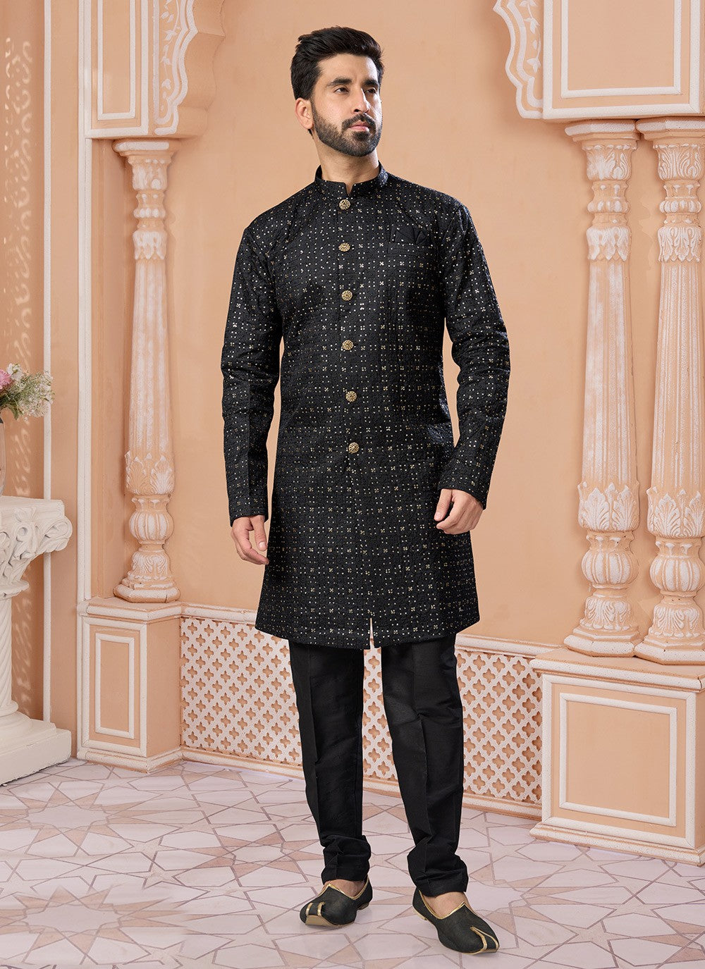 Sequins Silk Black Indo Western Sherwani - M6879