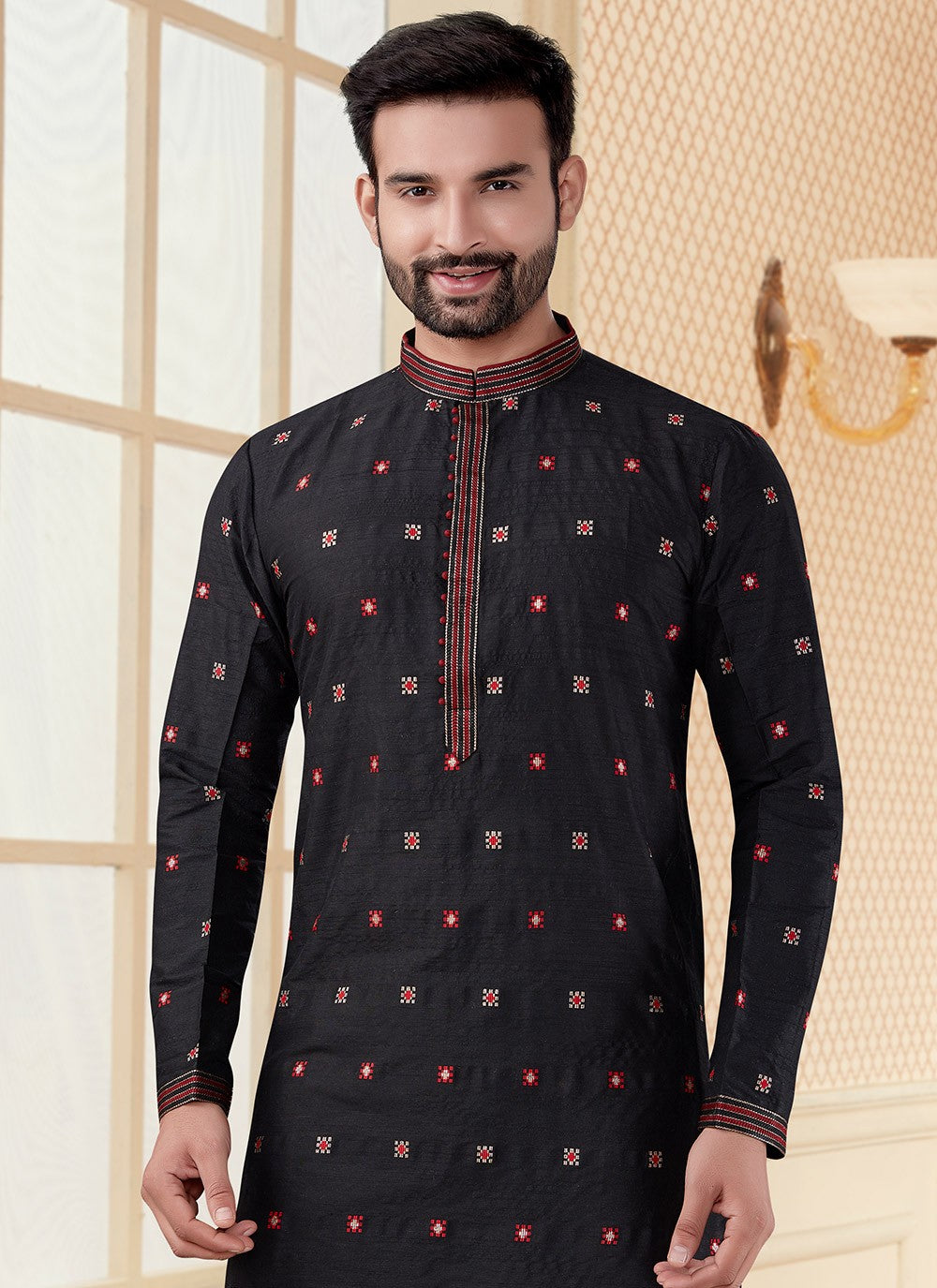 Resham Thread Work Silk Black Kurta - M5598