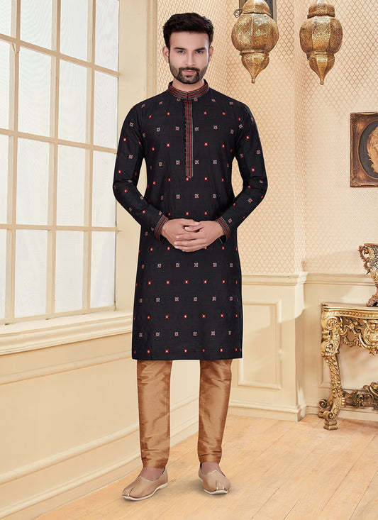 Resham Thread Work Silk Black Kurta - M5598