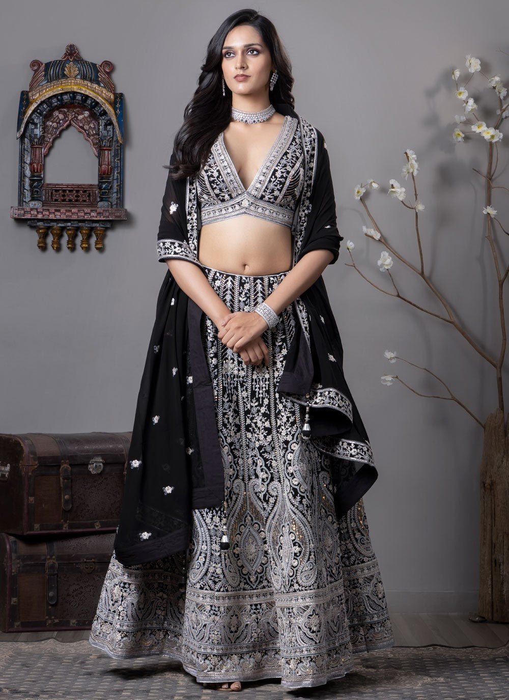 Embroidered Georgette Black Lehenga Choli L3727
