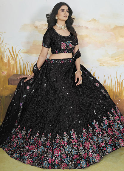 Floral Printed Chinon Black Lehenga - L3299