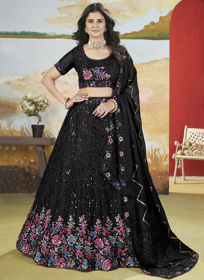 Floral Printed Chinon Black Lehenga - L3299