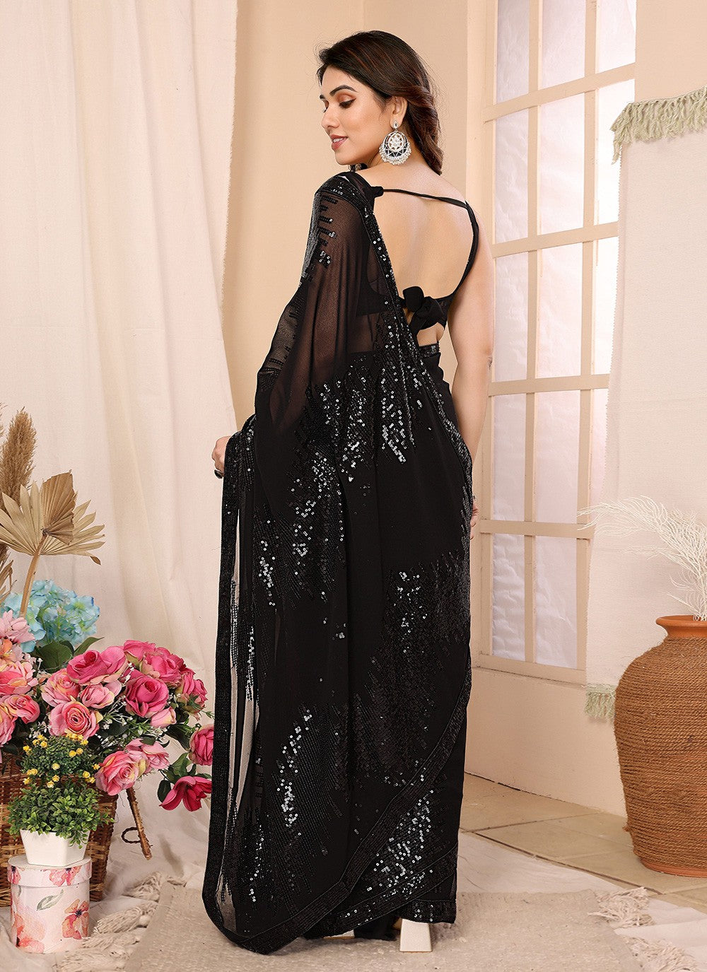 Black Georgette Contemporary Saree Sequins, Thread S16088