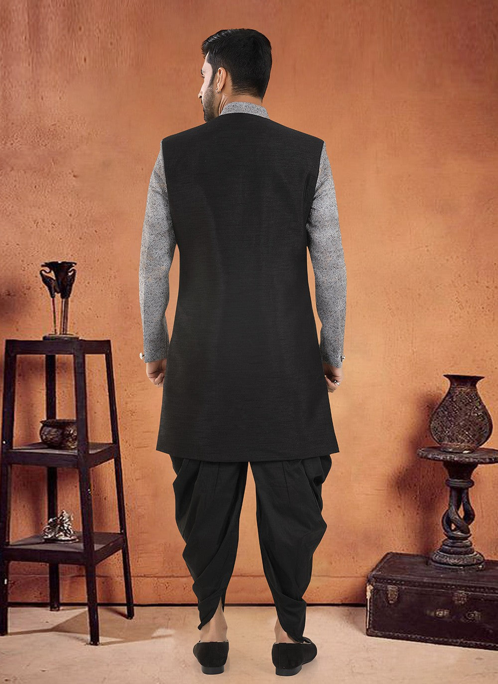 Embroidered Silk Black Sherwani - M8125