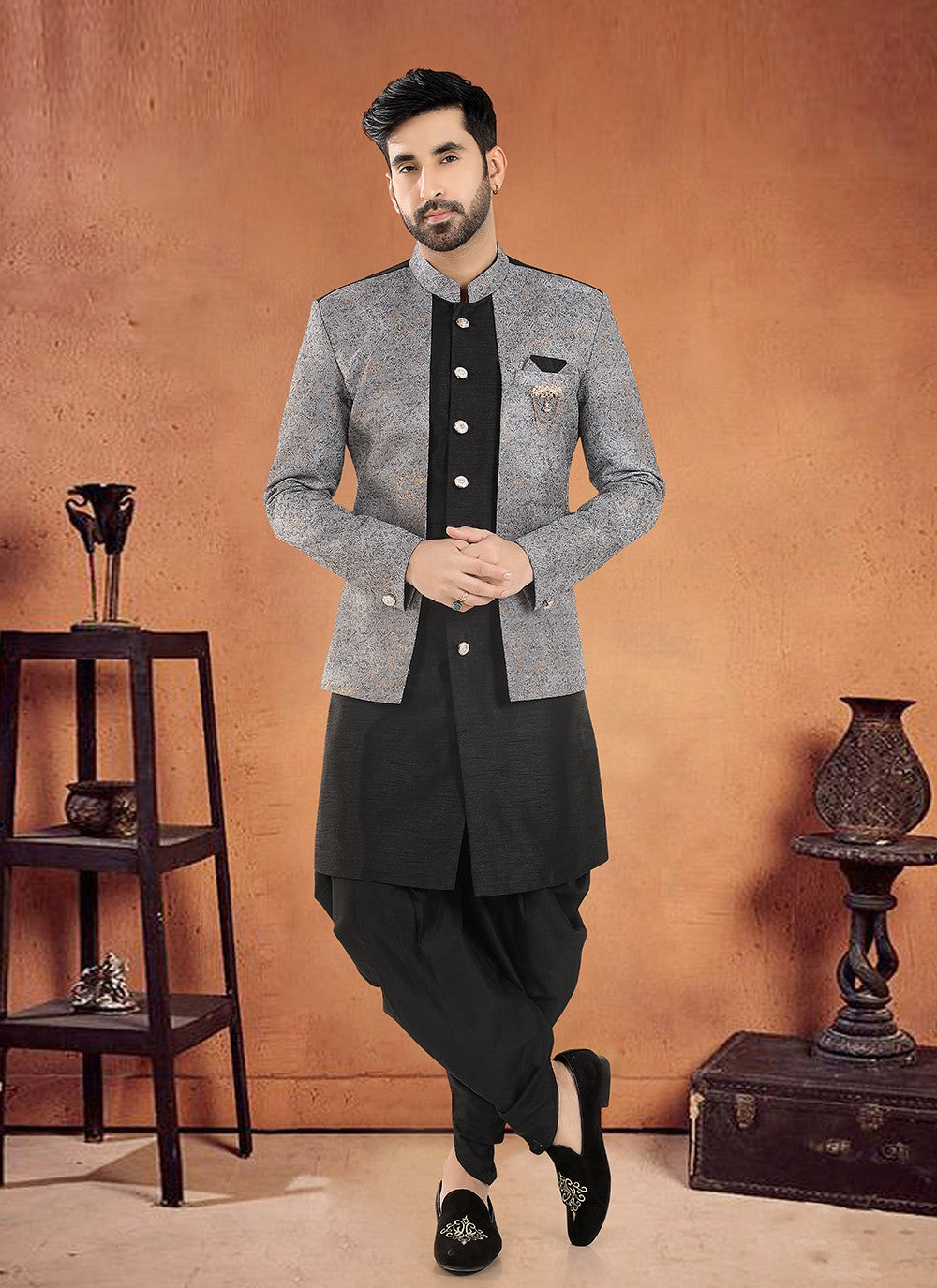 Embroidered Silk Black Sherwani - M8125