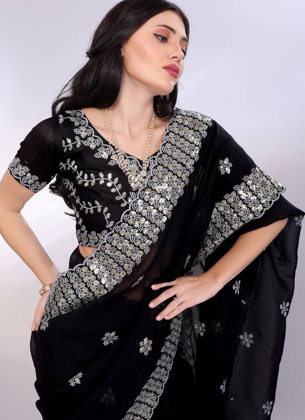 Contemporary Cut Work Black Tussar Silk Saree S13722