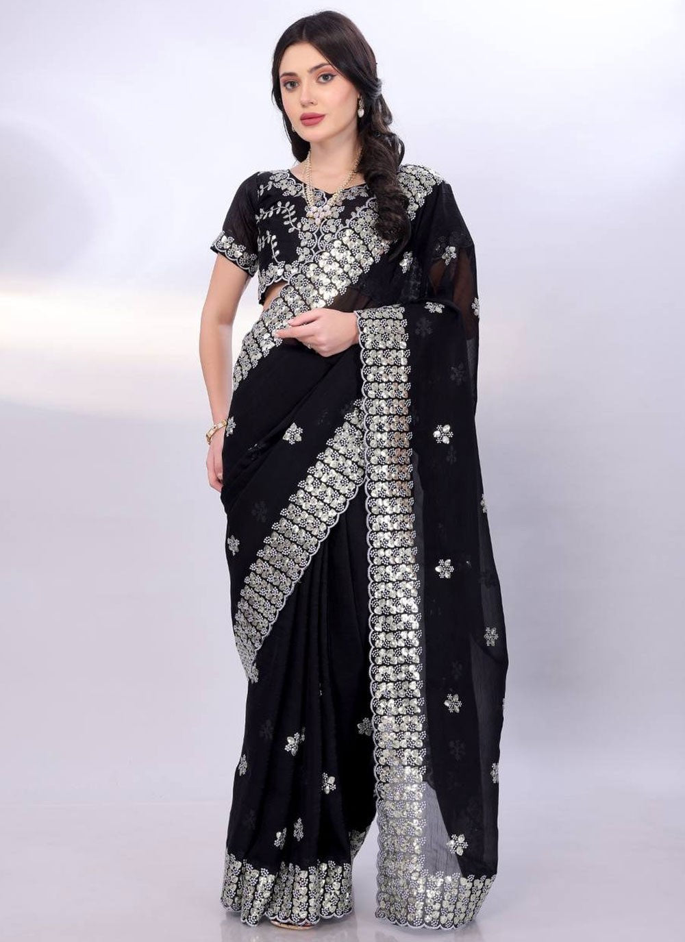 Contemporary Cut Work Black Tussar Silk Saree S13722
