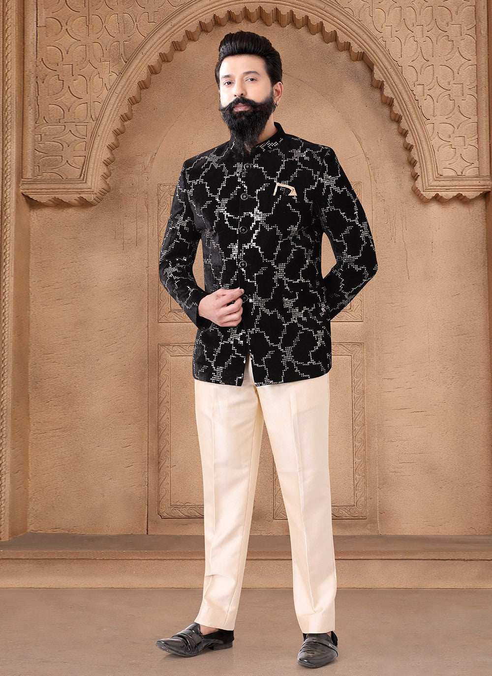 Embroidered Velvet Black Jodhpuri Suit - M7627