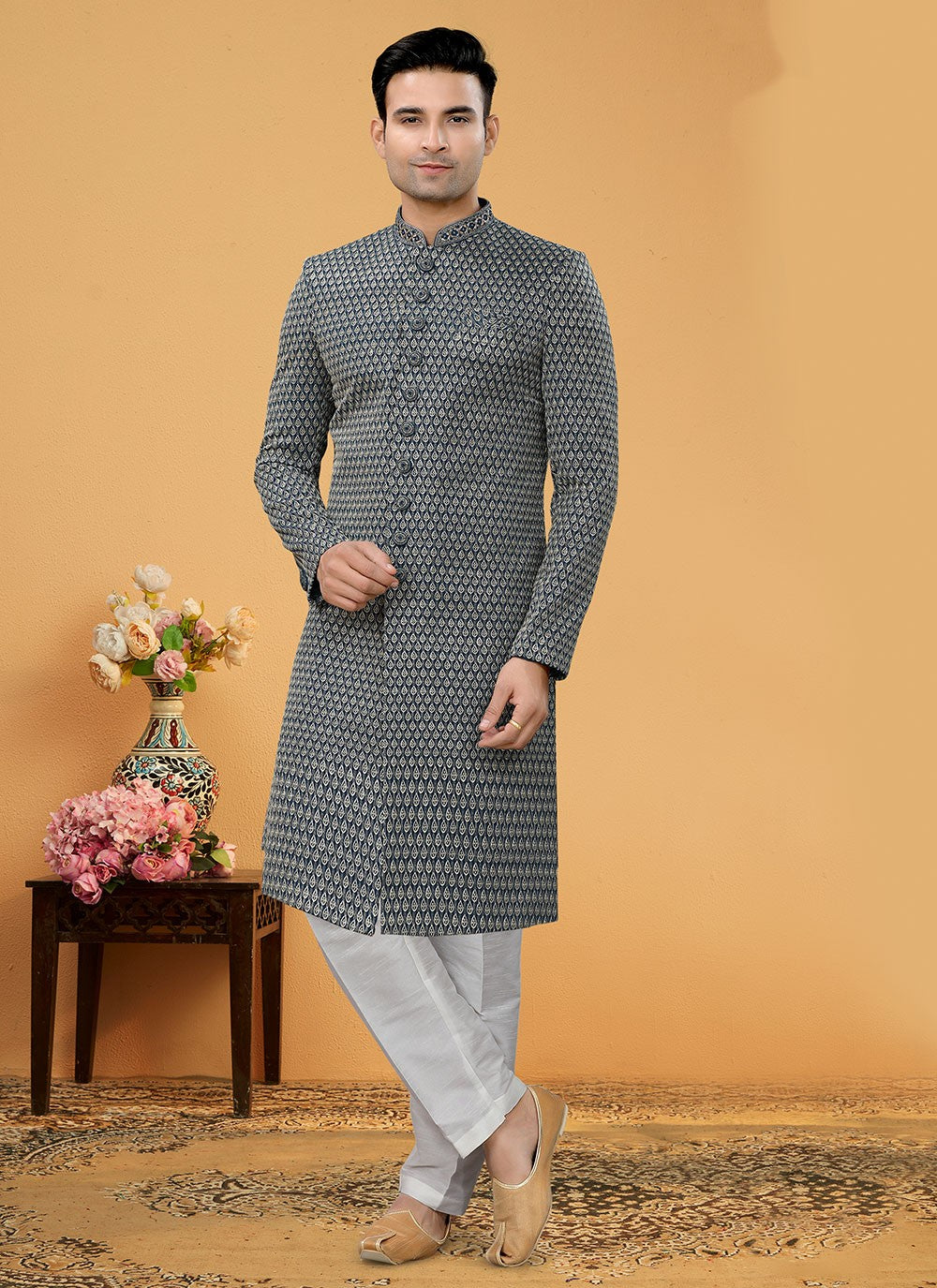 Hand Embroidery Fancy Fabric Black Indo Western Sherwani - M5155
