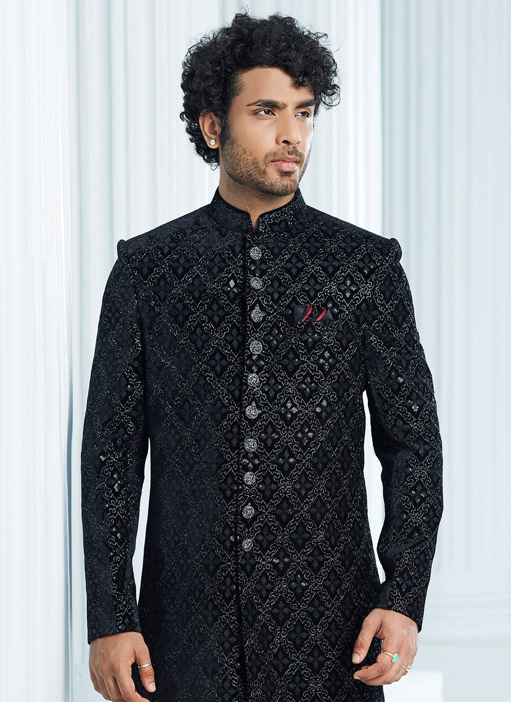 Machine Embroidery Velvet Black Indo Western - M6115