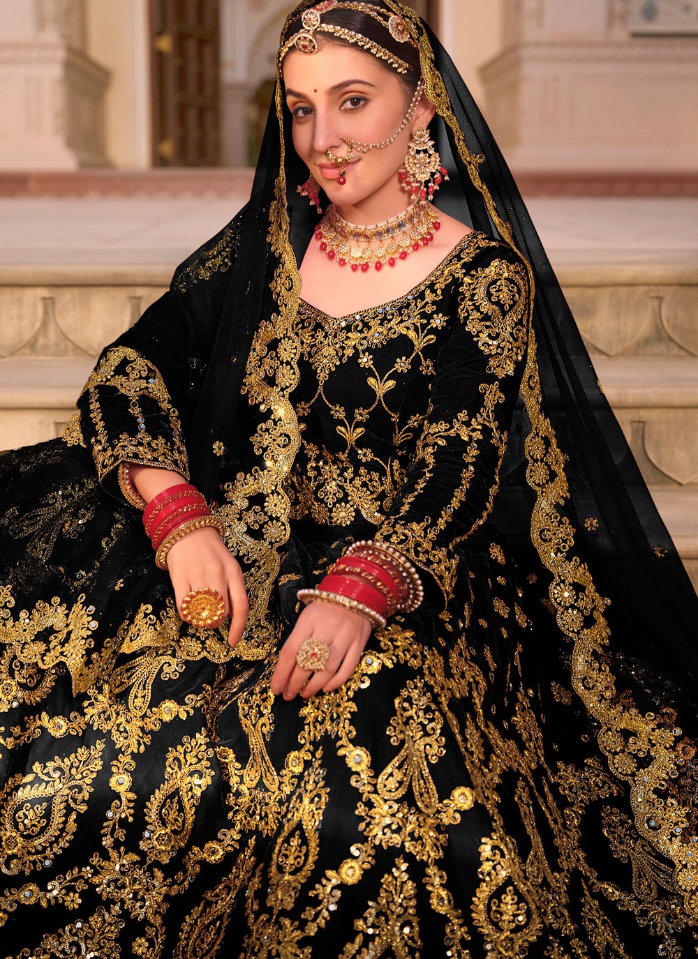 Embroidered Velvet Black Lehenga - L3291