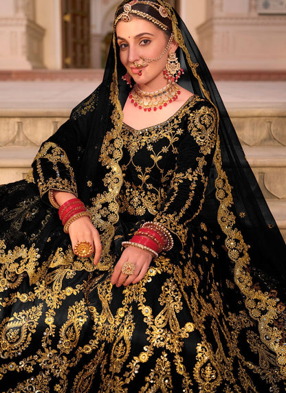 Embroidered Velvet Black Lehenga - L3291