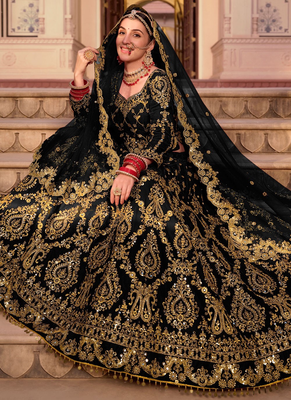 Embroidered Velvet Black Lehenga - L3291