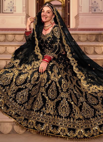 Embroidered Velvet Black Lehenga - L3291