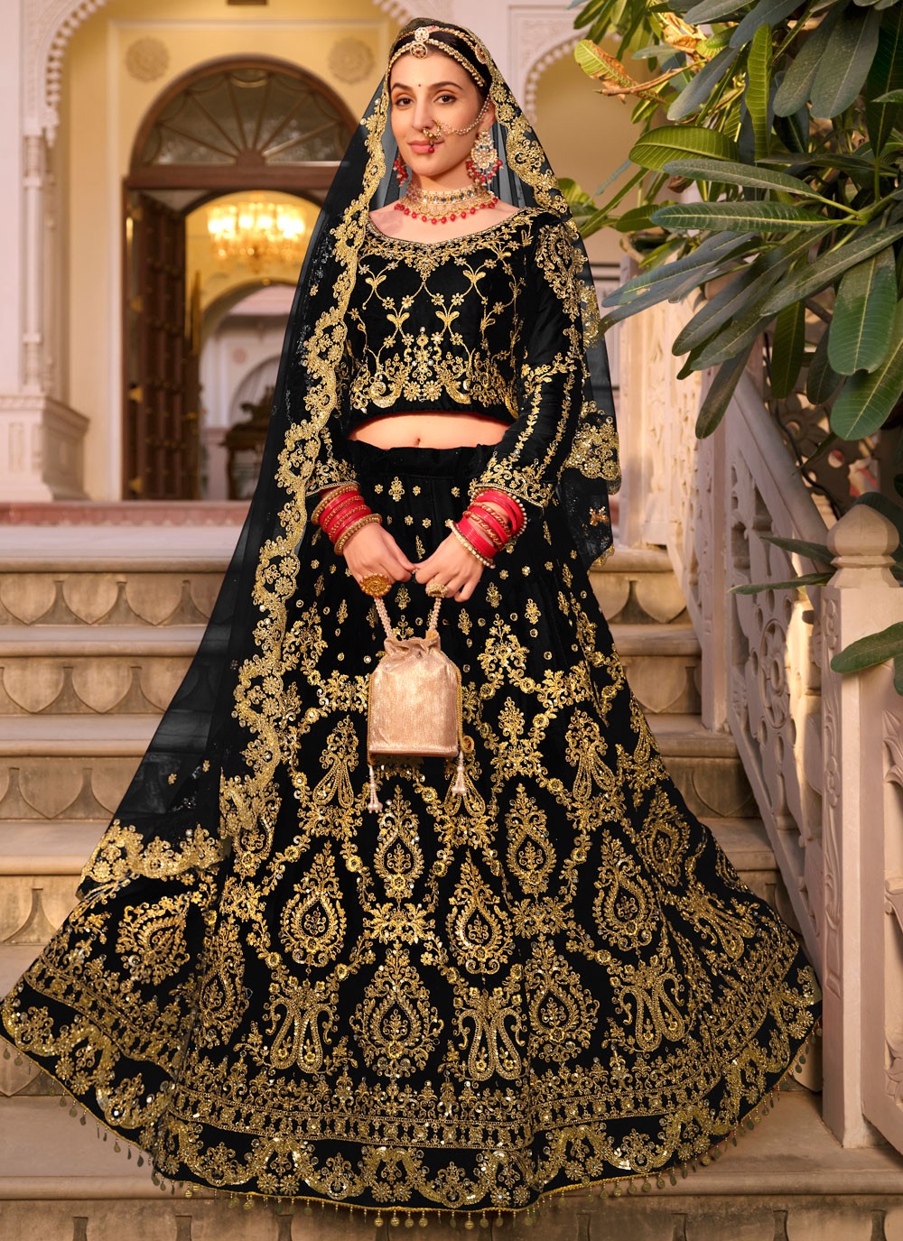 Embroidered Velvet Black Lehenga - L3291