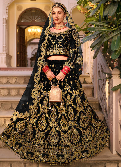 Embroidered Velvet Black Lehenga - L3291