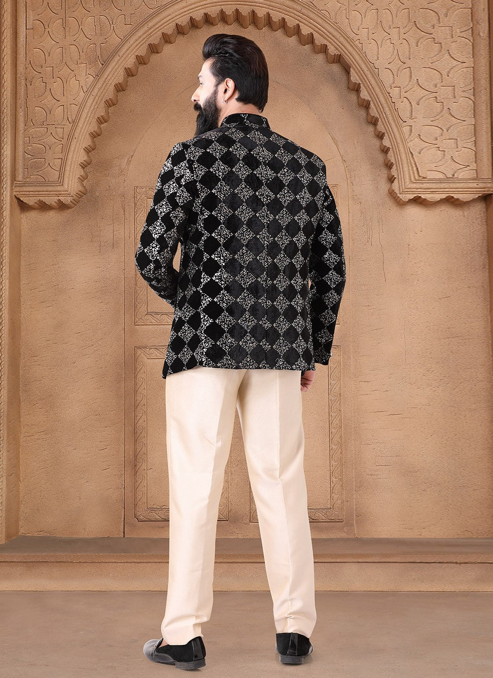 Embroidered Velvet Black Jodhpuri Suit - M7623