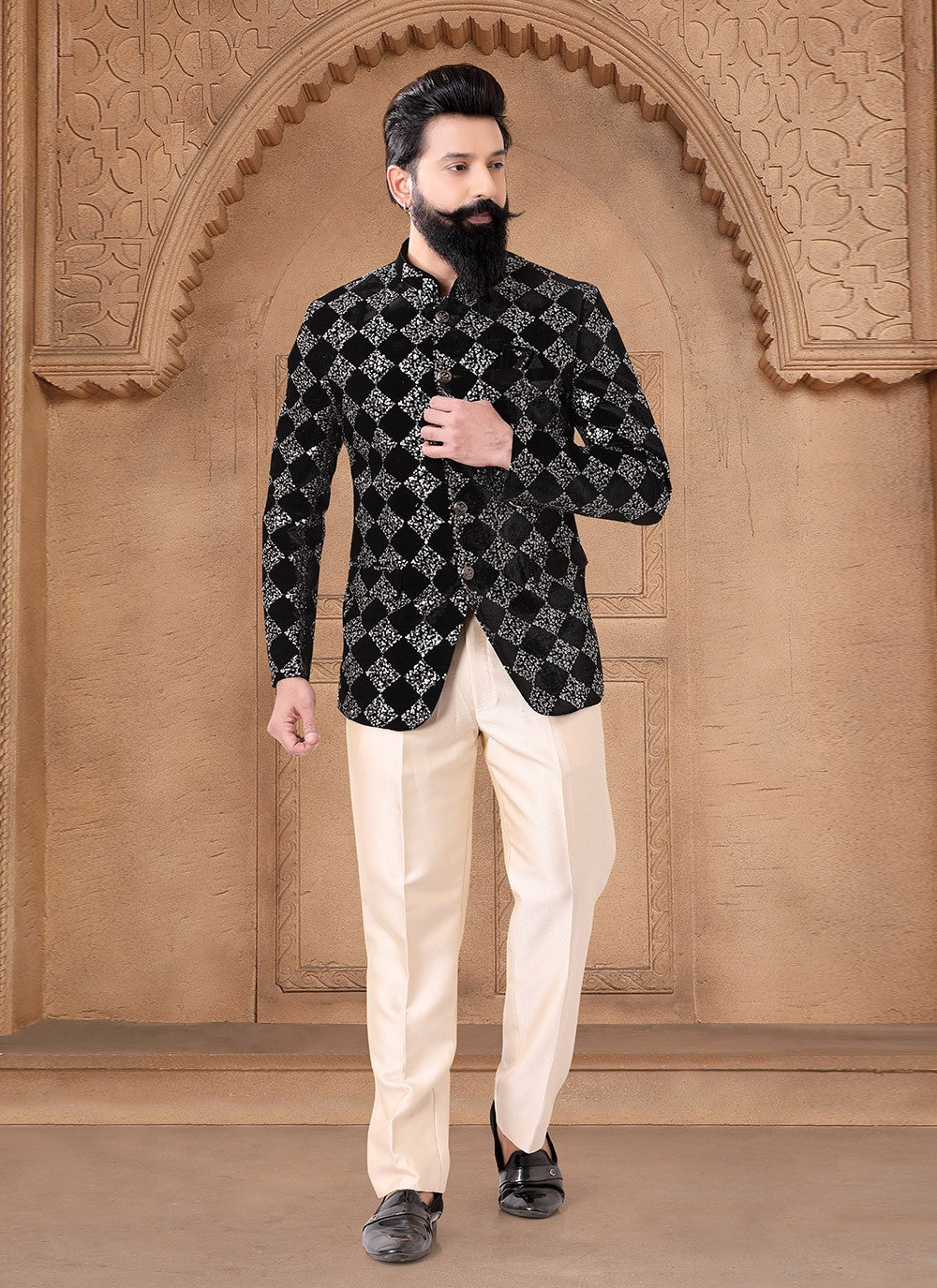 Embroidered Velvet Black Jodhpuri Suit - M7623