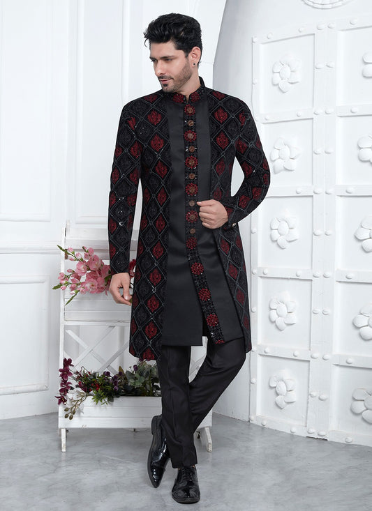 Machine Embroidery Silk, Velvet Black Sherwani - M8256