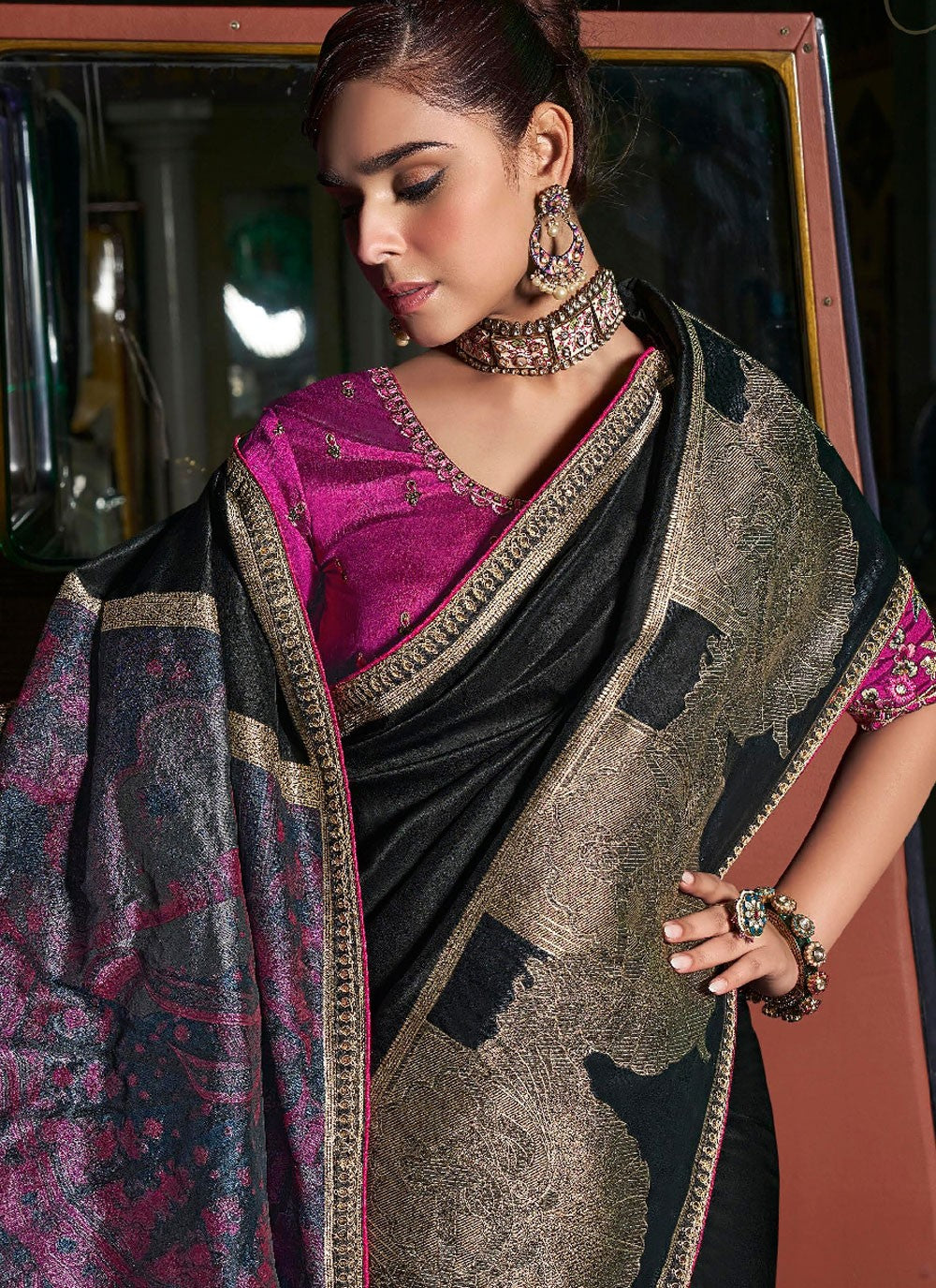 Black Pure Silk Designer Saree Border Work, Embroidered, Weaving Zari, Zari S17511