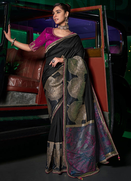 Black Pure Silk Designer Saree Border Work, Embroidered, Weaving Zari, Zari S17511