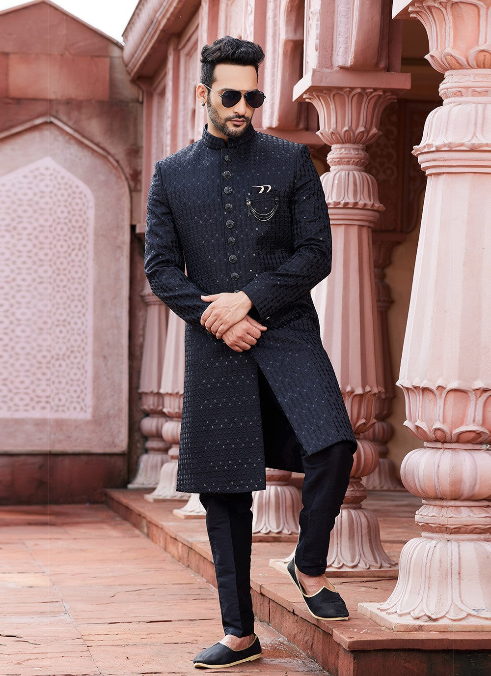 Fancy Work Art Silk Black Sherwani - M6148