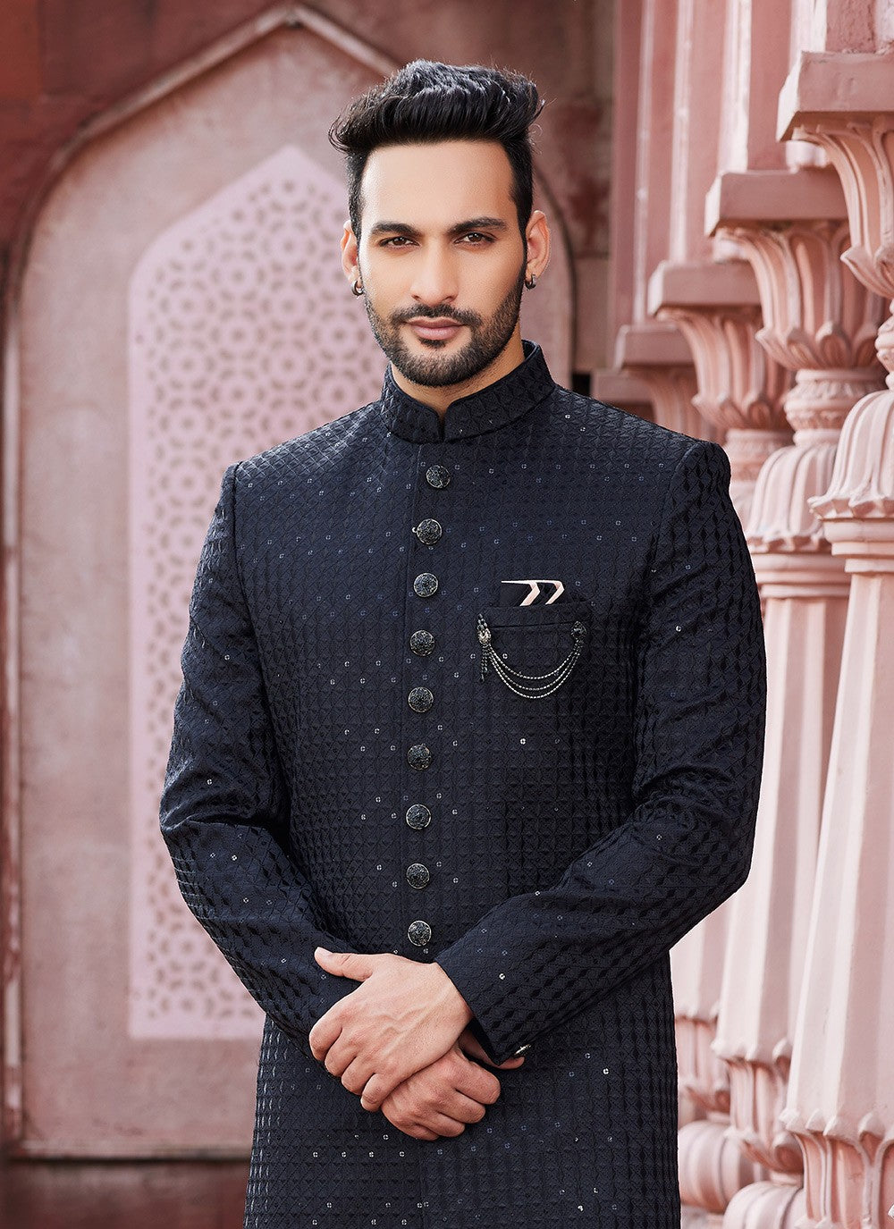 Fancy Work Art Silk Black Sherwani - M6148