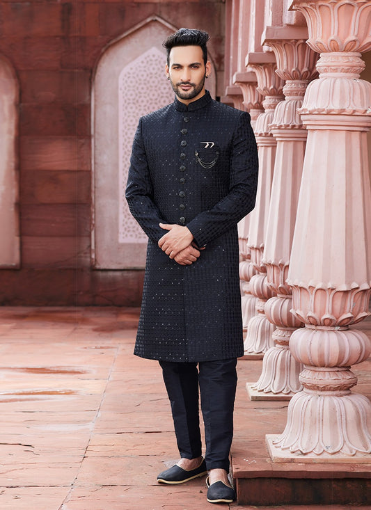 Fancy Work Art Silk Black Sherwani - M6148