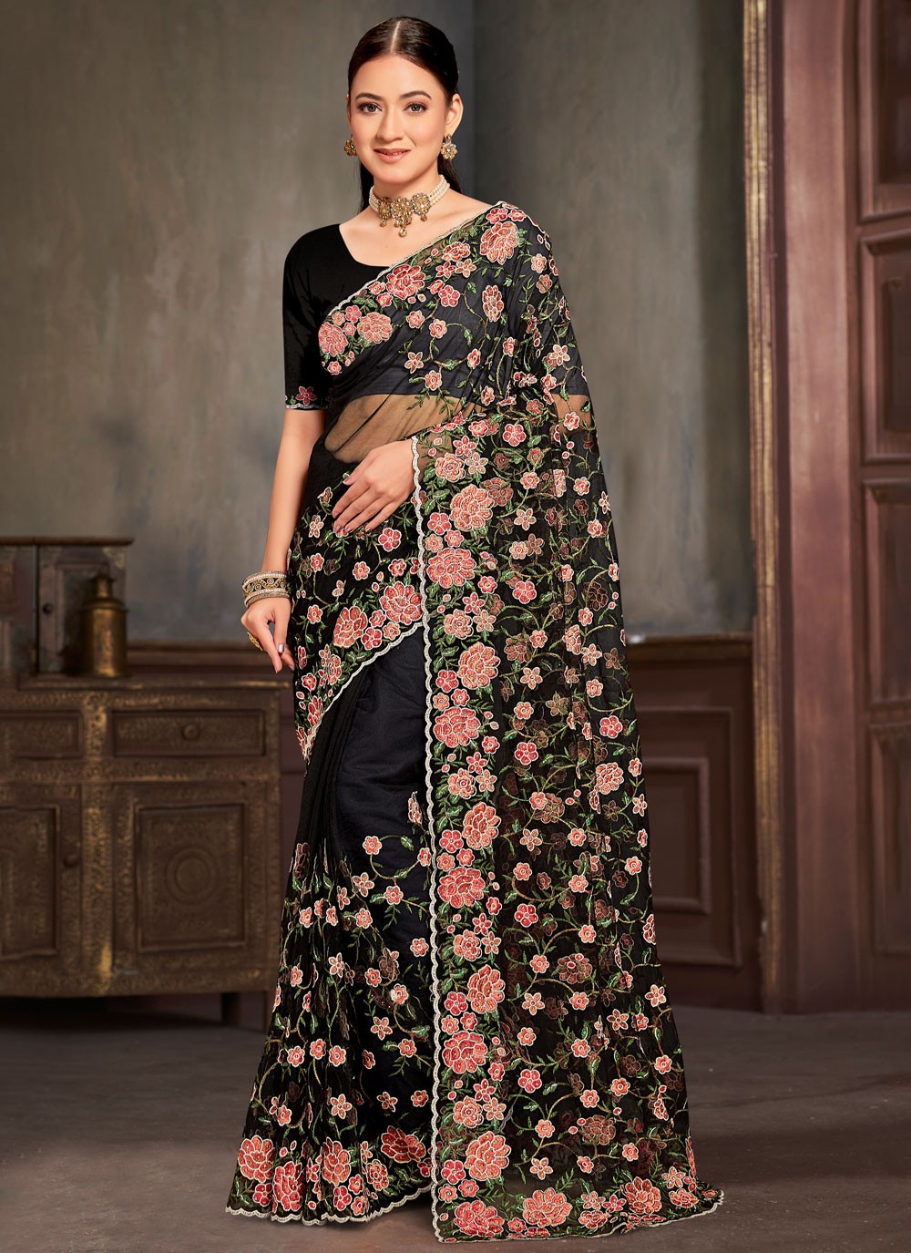 Embroidered Net Black Saree S14445