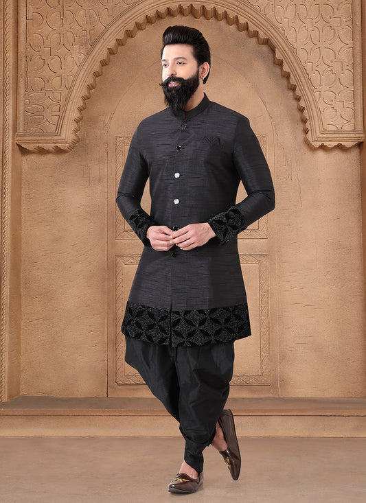 Embroidered Silk Black Sherwani - M7637
