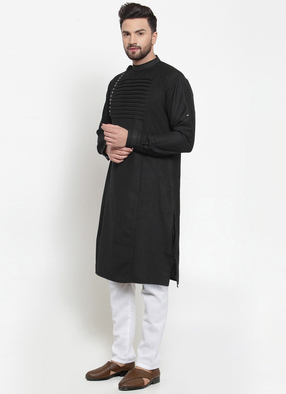 Fancy Work Blended Cotton Black Kurta - M4538