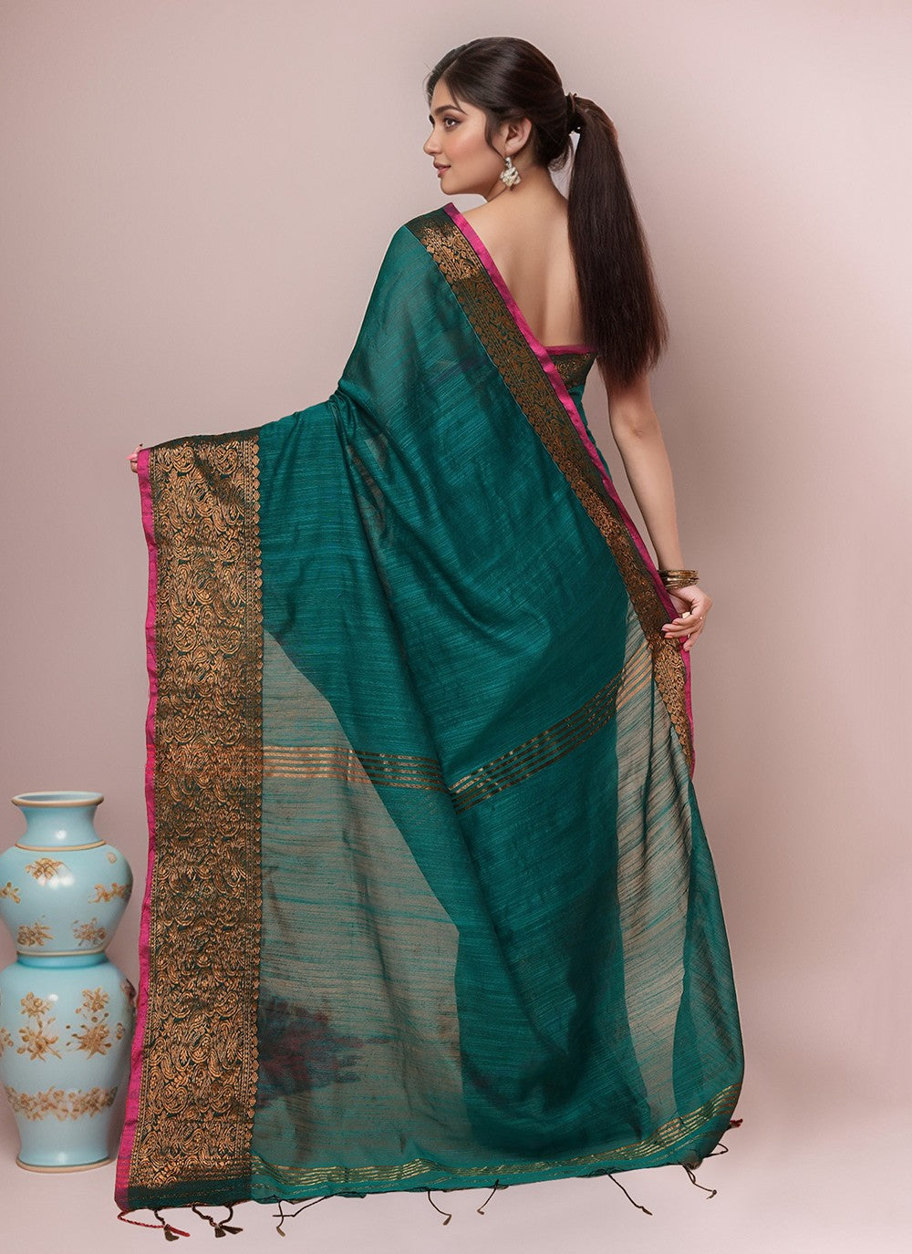 Green Blended Cotton Classic Saree Border Work S20009