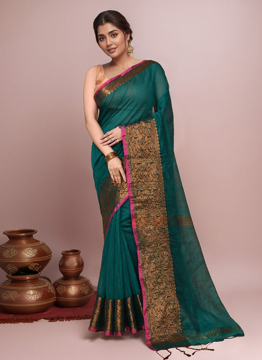 Green Blended Cotton Classic Saree Border Work S20009