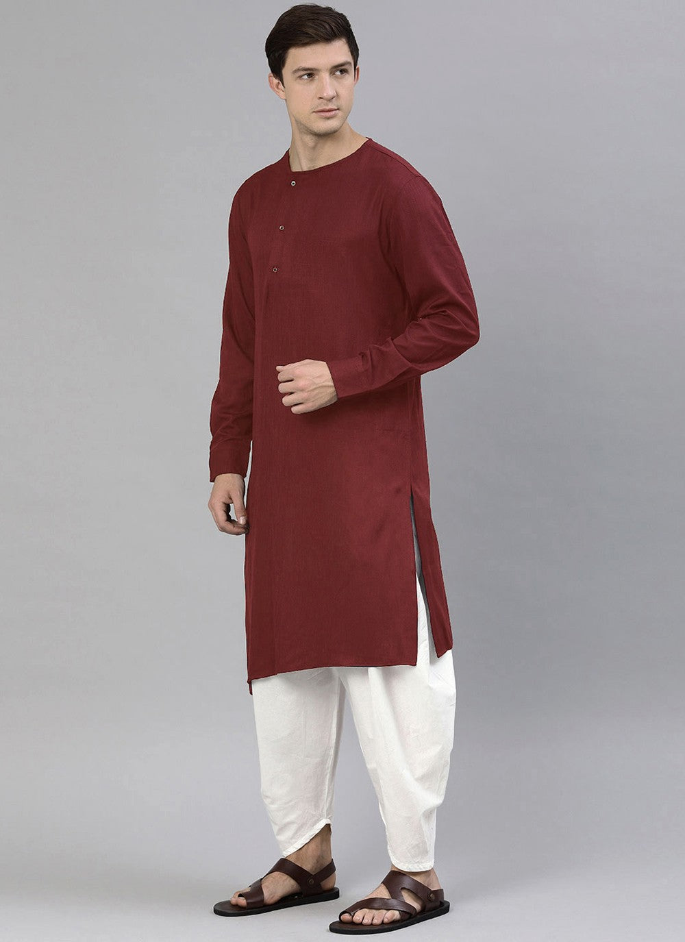 Plain Blended Cotton Maroon Dhoti Kurta - M4497