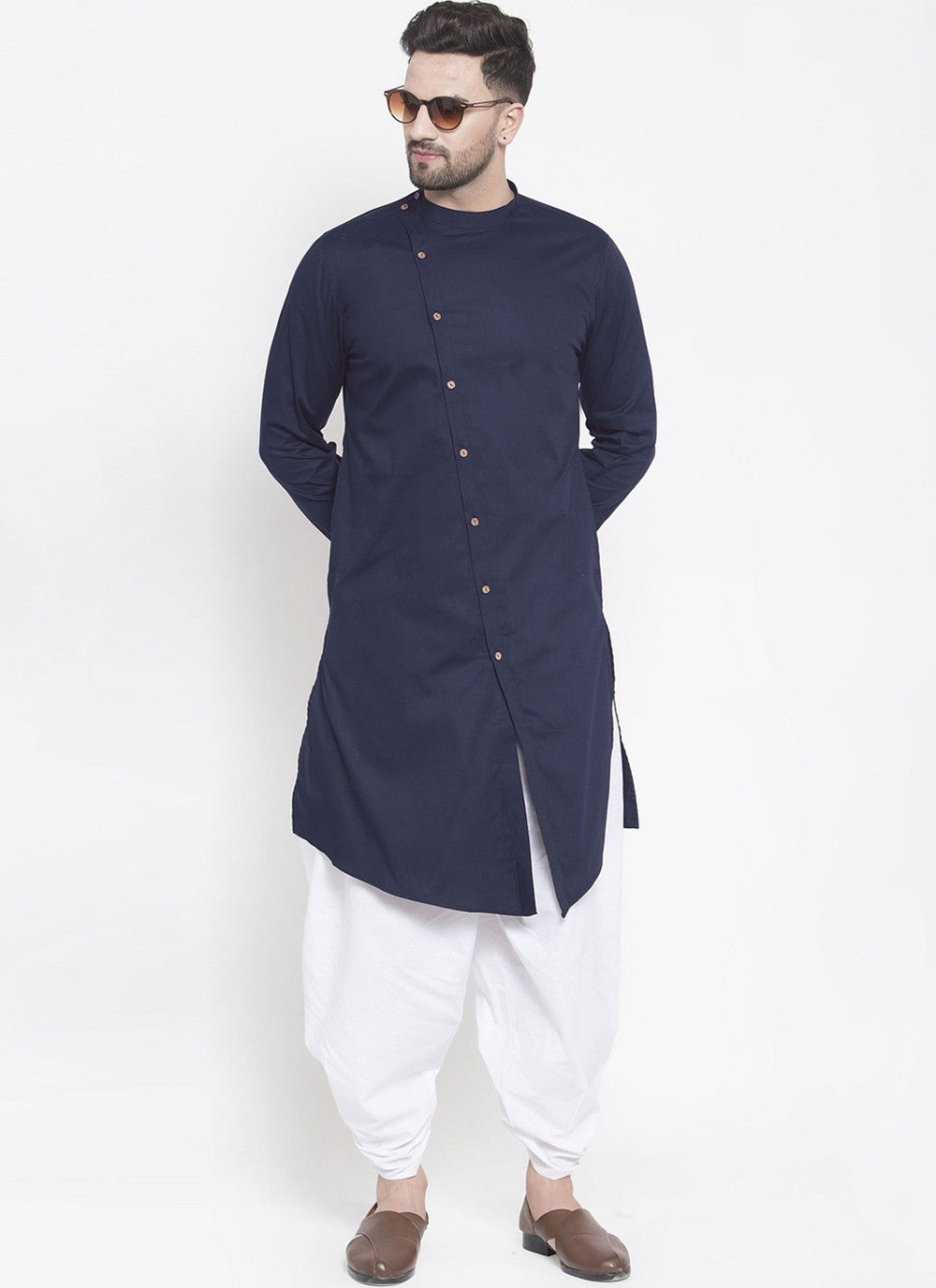Plain Blended Cotton Navy Blue Dhoti Kurta - M4471