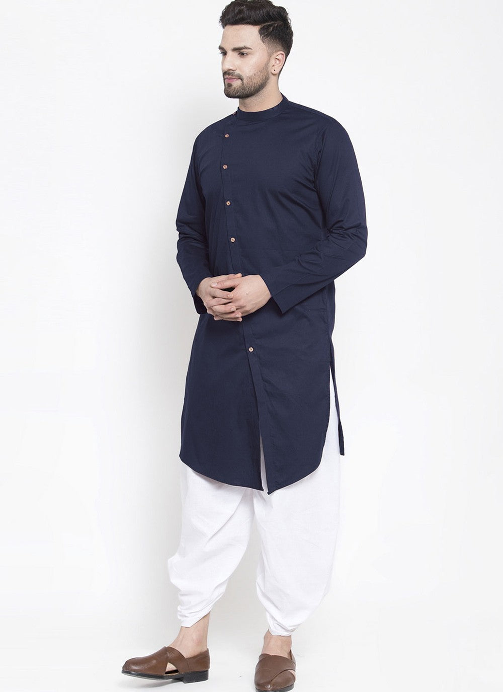 Plain Blended Cotton Navy Blue Dhoti Kurta - M4471