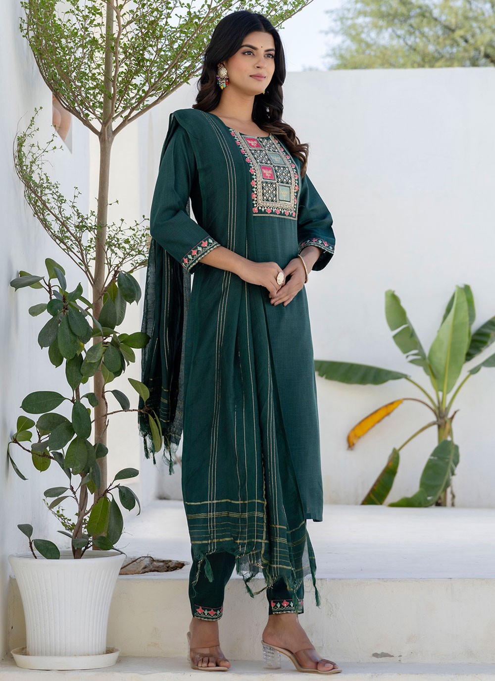Pant Style Suit Embroidered Green T7689
