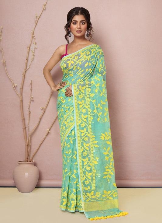 Sea Green Blended Cotton Trendy Saree Floral Printed S19998