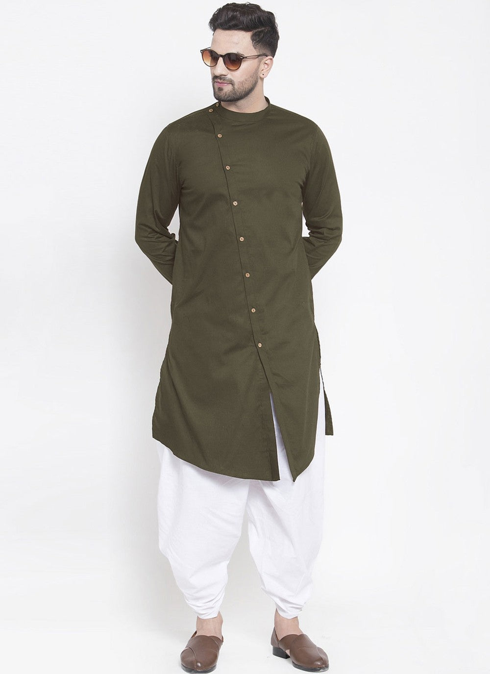Plain Blended Cotton Green Dhoti Kurta - M4469