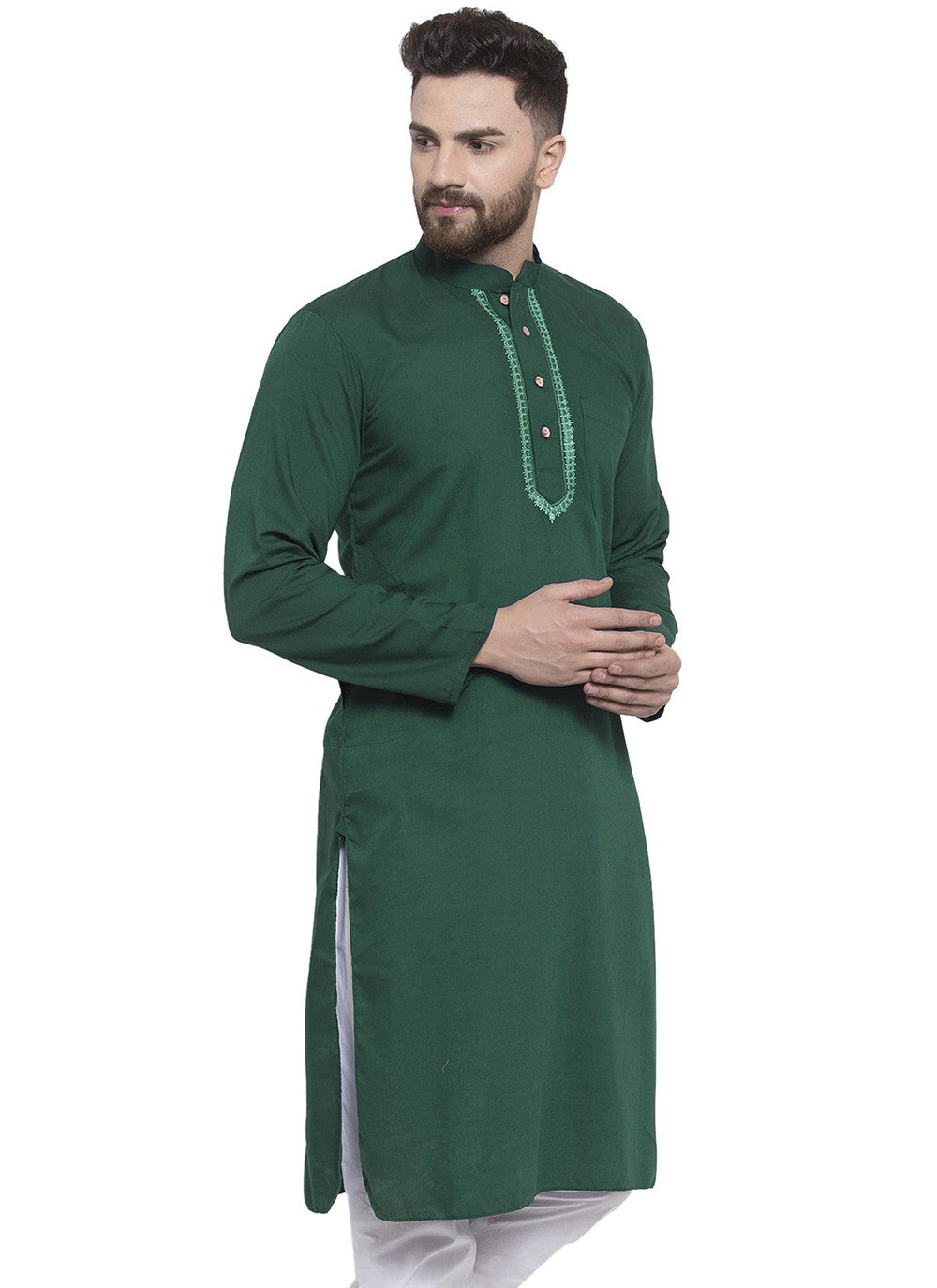 Machine Embroidery Blended Cotton Green Kurta - M5657