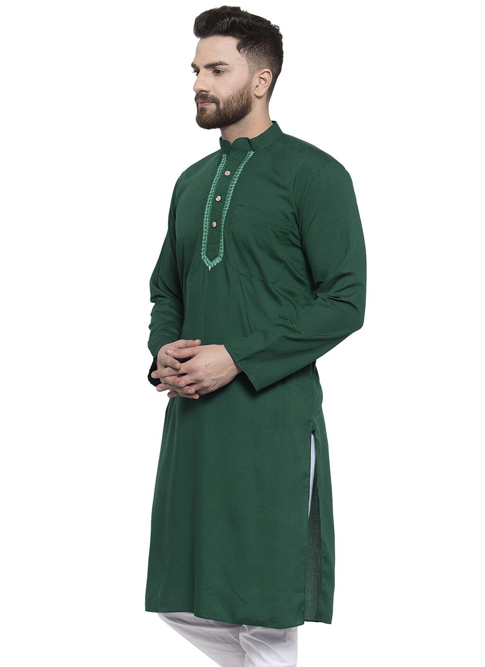 Machine Embroidery Blended Cotton Green Kurta - M5657
