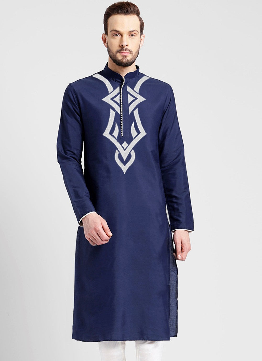 Embroidered Blended Cotton Navy Blue Kurta - M6173