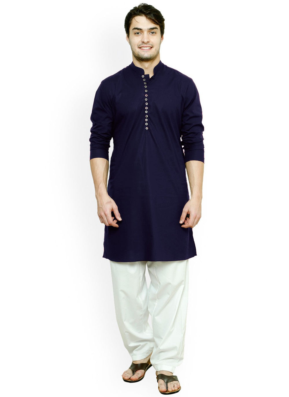Buttons Blended Cotton Navy Blue Kurta - M4543