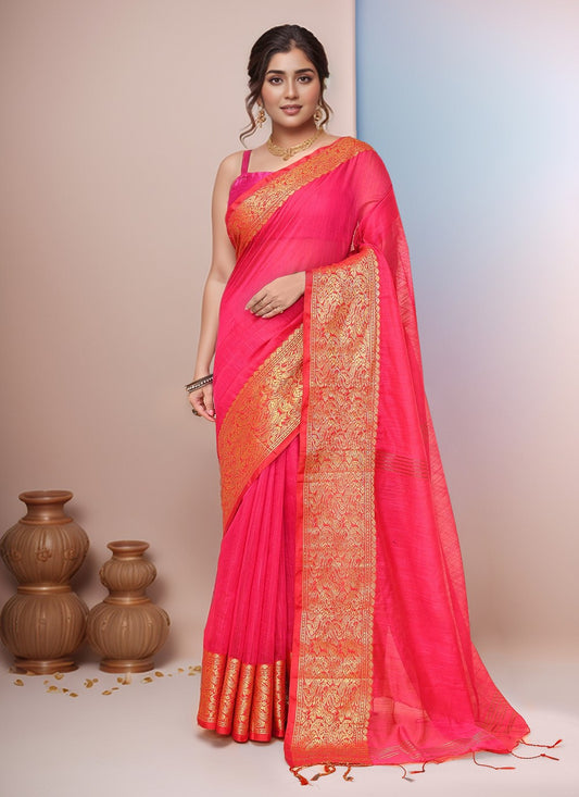 Pink Blended Cotton Contemporary Saree Border Work S19991