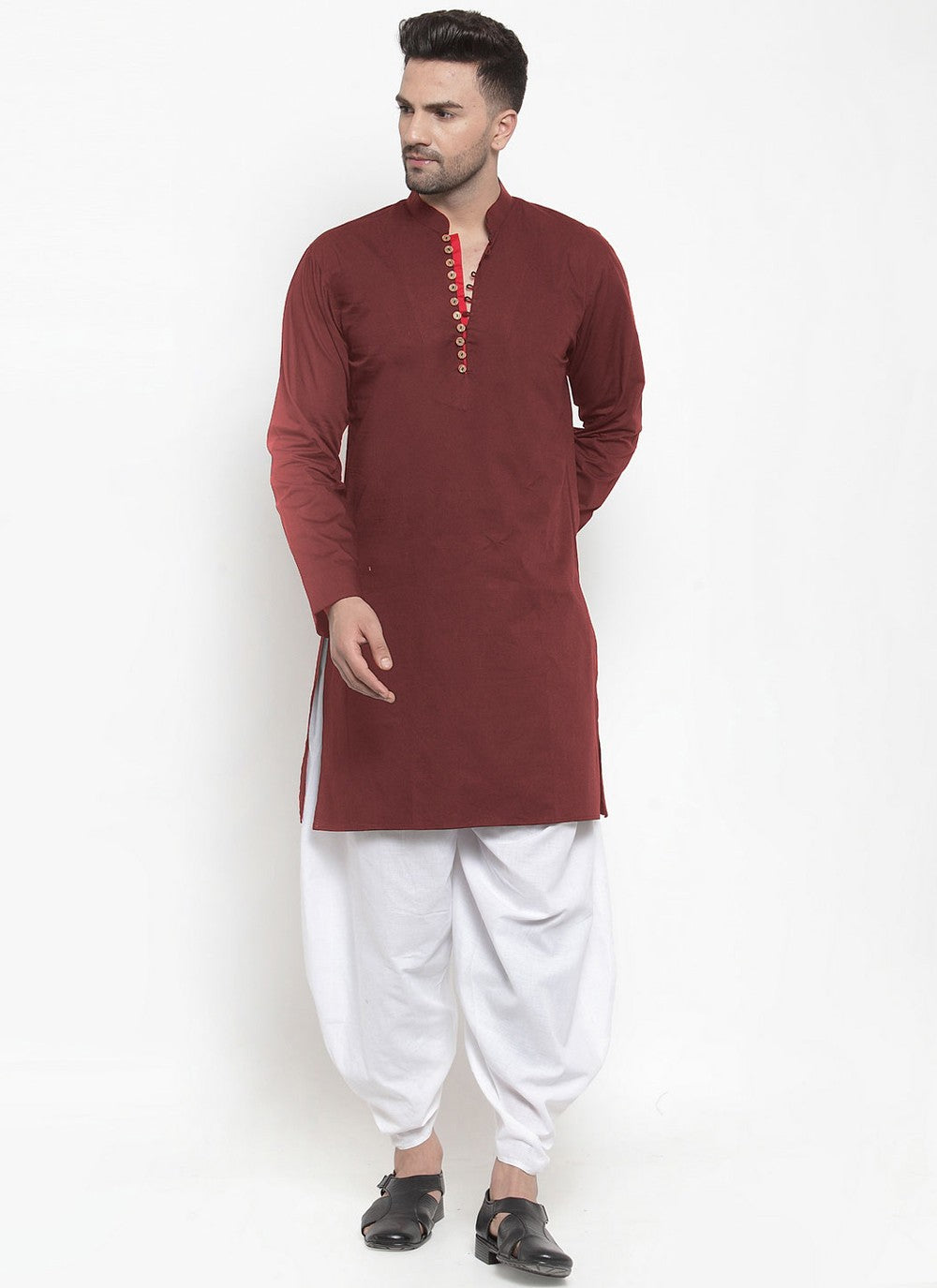 Plain Blended Cotton Maroon Dhoti Kurta - M4464