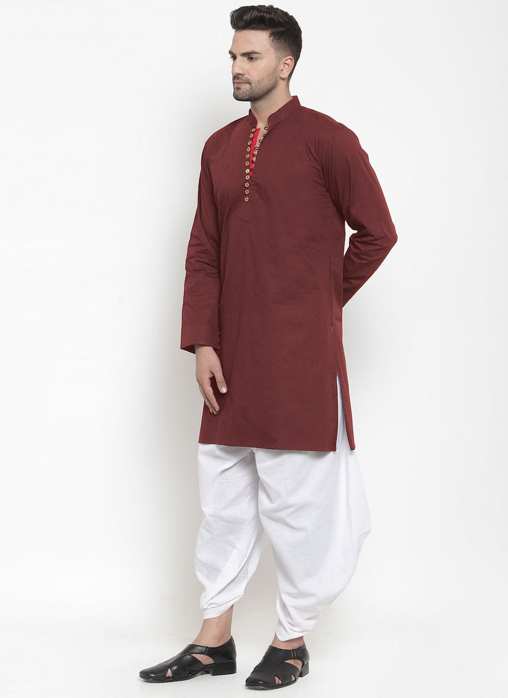 Plain Blended Cotton Maroon Dhoti Kurta - M4464