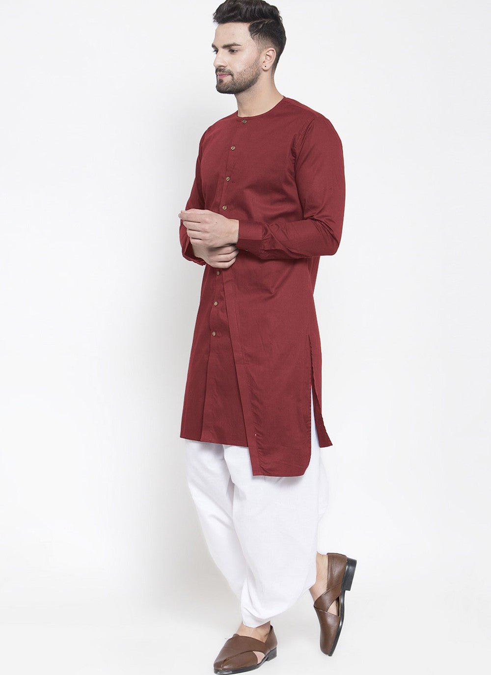 Plain Blended Cotton Maroon Dhoti Kurta - M4473