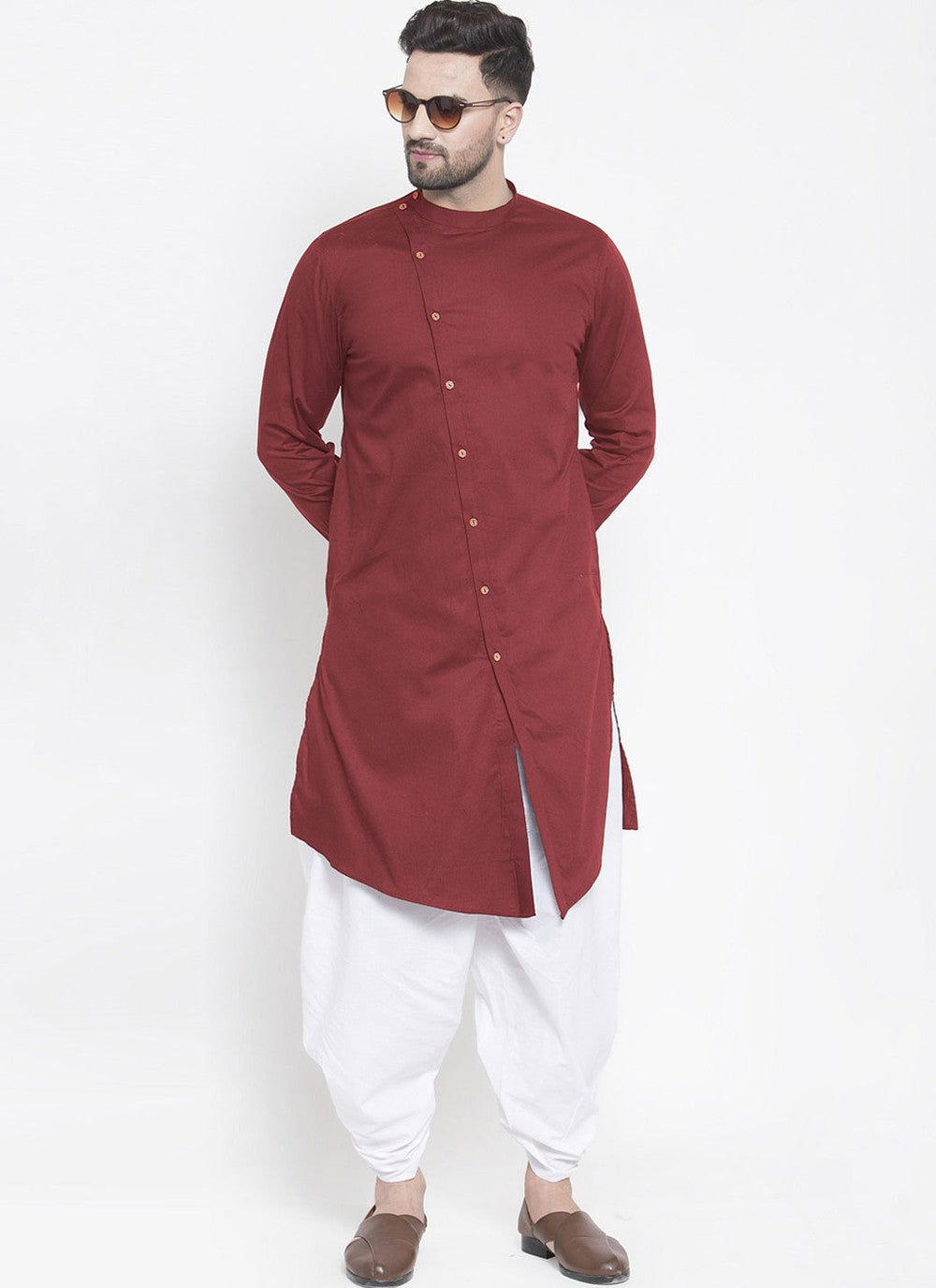 Plain Blended Cotton Maroon Dhoti Kurta - M4470